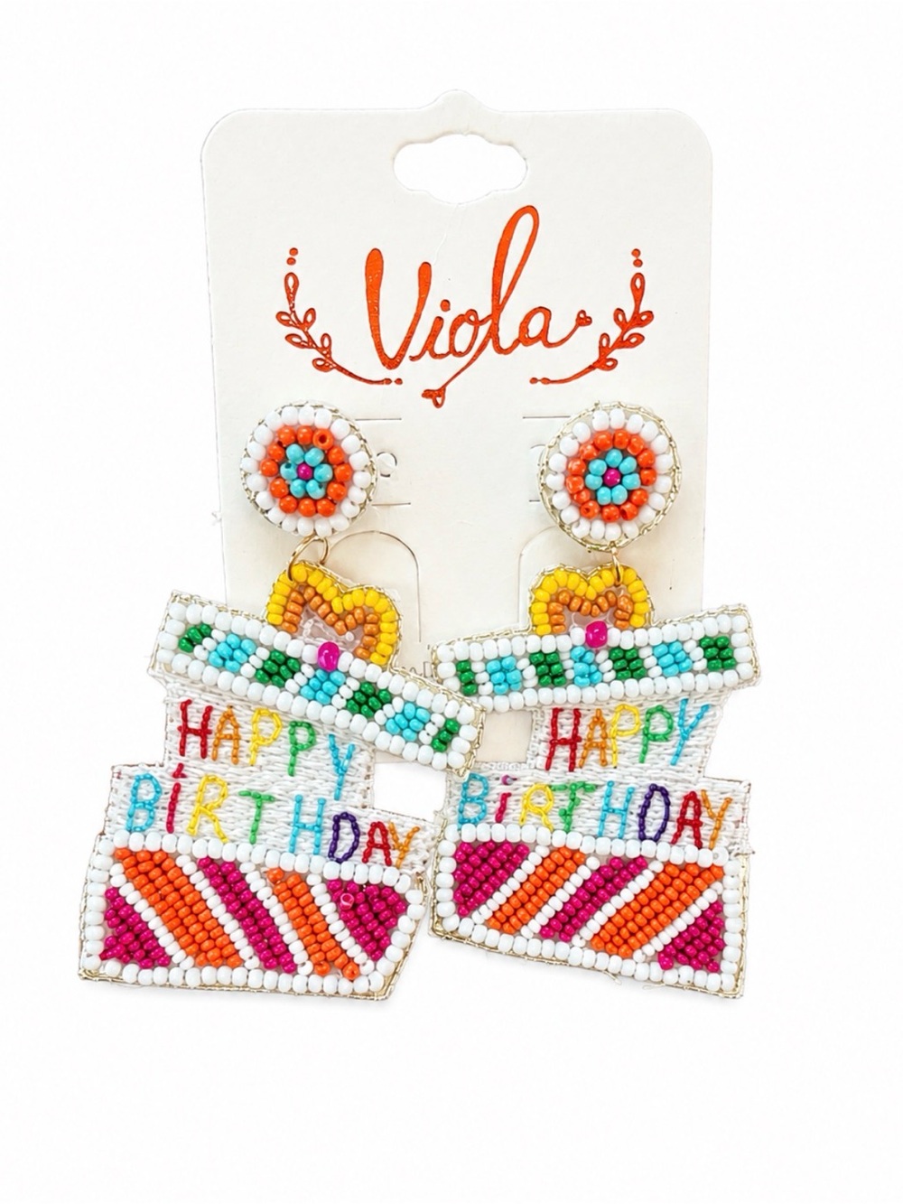 Viola Happy Birthday Beaded Cake Earrings Colorful Handmade-Inspired Statement D